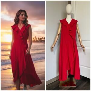 Dunes Wrap Dress 100% Cotton Gauze Red Ruffle Relaxed Size M Boho Beach Resort